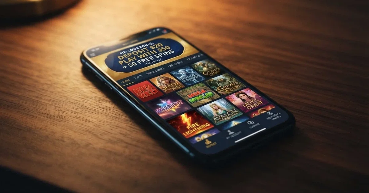 A smartphone screen showing an online casino lobby with a minimum-deposit badge visible on a promotional banner