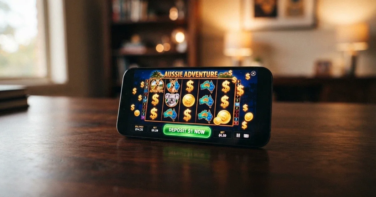 A smartphone screen showing an online pokies game with a A$1 deposit button and Australian dollar symbols visible on the interface