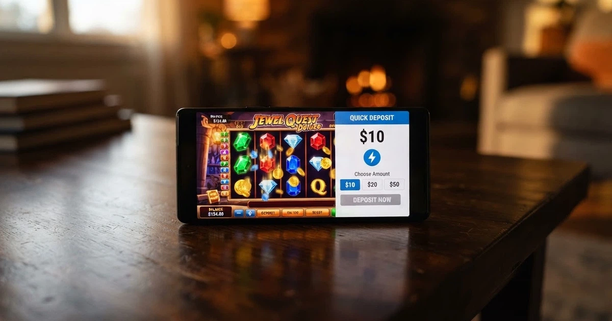 A smartphone screen showing a colourful online pokies game with an AU dollar deposit screen overlay reading a $10 amount and a prominent PayID logo