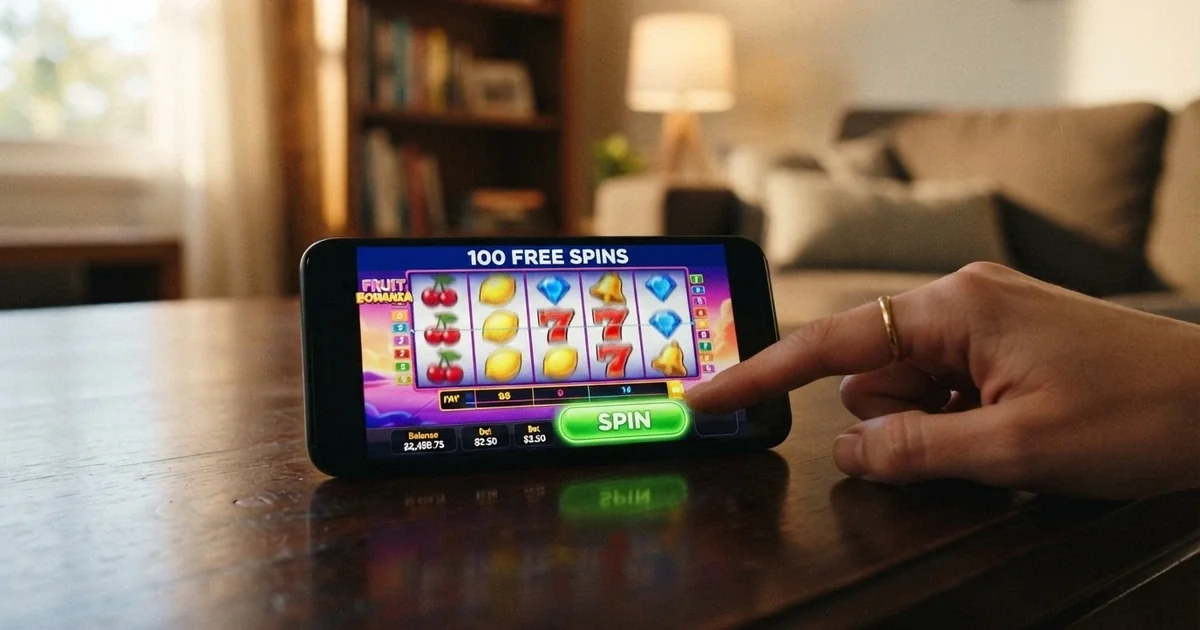 A smartphone screen displaying a colourful online pokie game with the spin button lit and '100 Free Spins' in a promotional banner across the top