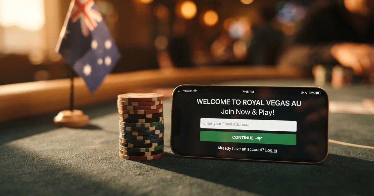 A stack of poker chips beside a smartphone showing a casino sign-up screen, with a Australian flag in the background