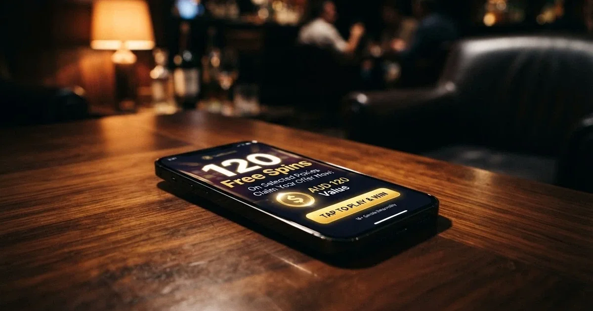 A smartphone screen showing an online casino promotion for free spins with Australian dollar amounts and a prominent sign-up button