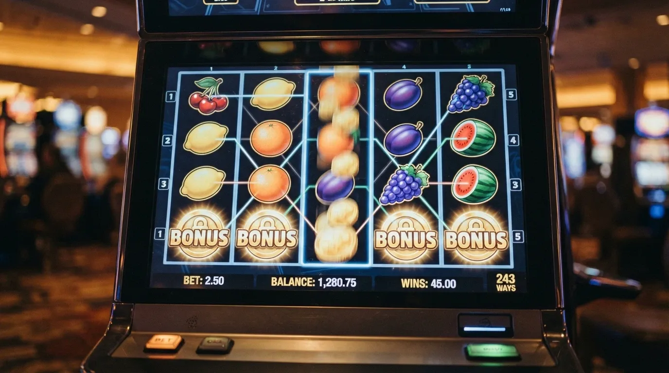 A close-up of a 1Spin4Win slot game in play showing the 243-ways pay structure and bonus-trigger symbols
