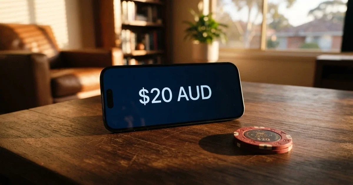 A smartphone showing an online casino deposit screen with an Australian $20 note beside it on a desk