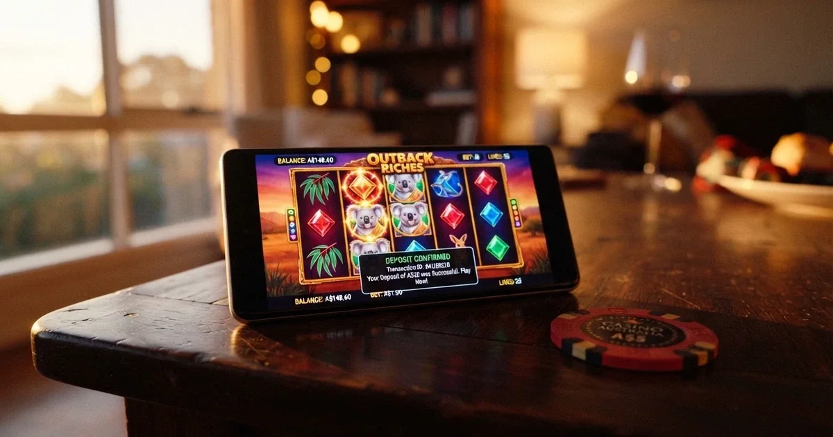 A smartphone screen displaying an online pokies game with a $20 deposit confirmation dialogue and Australian dollar symbols visible