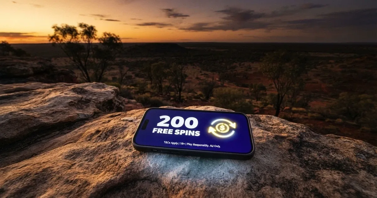 A smartphone screen displaying a casino free-spins promotion banner over a darkened Australian outback horizon