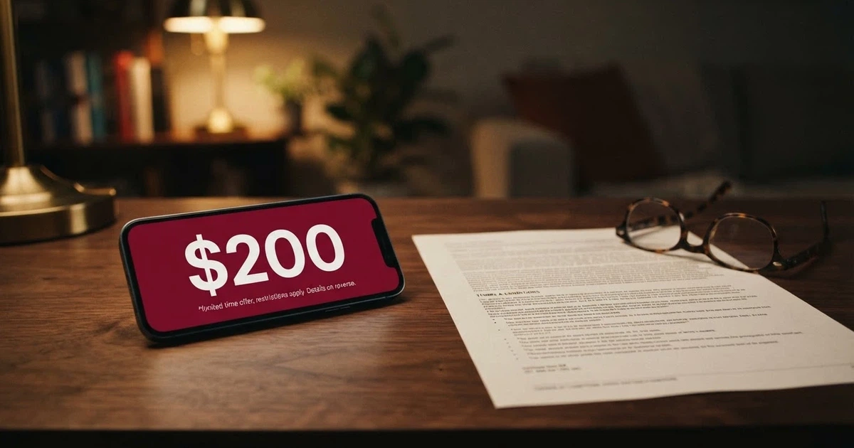 A smartphone screen displaying a casino bonus banner with a large “$200” headline figure next to a terms-and-conditions document showing the fine print