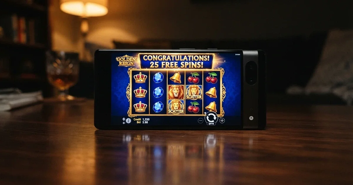 A smartphone screen displaying an online pokies game with a 25 free spins no deposit promotional banner, set against a dark casino-style background.