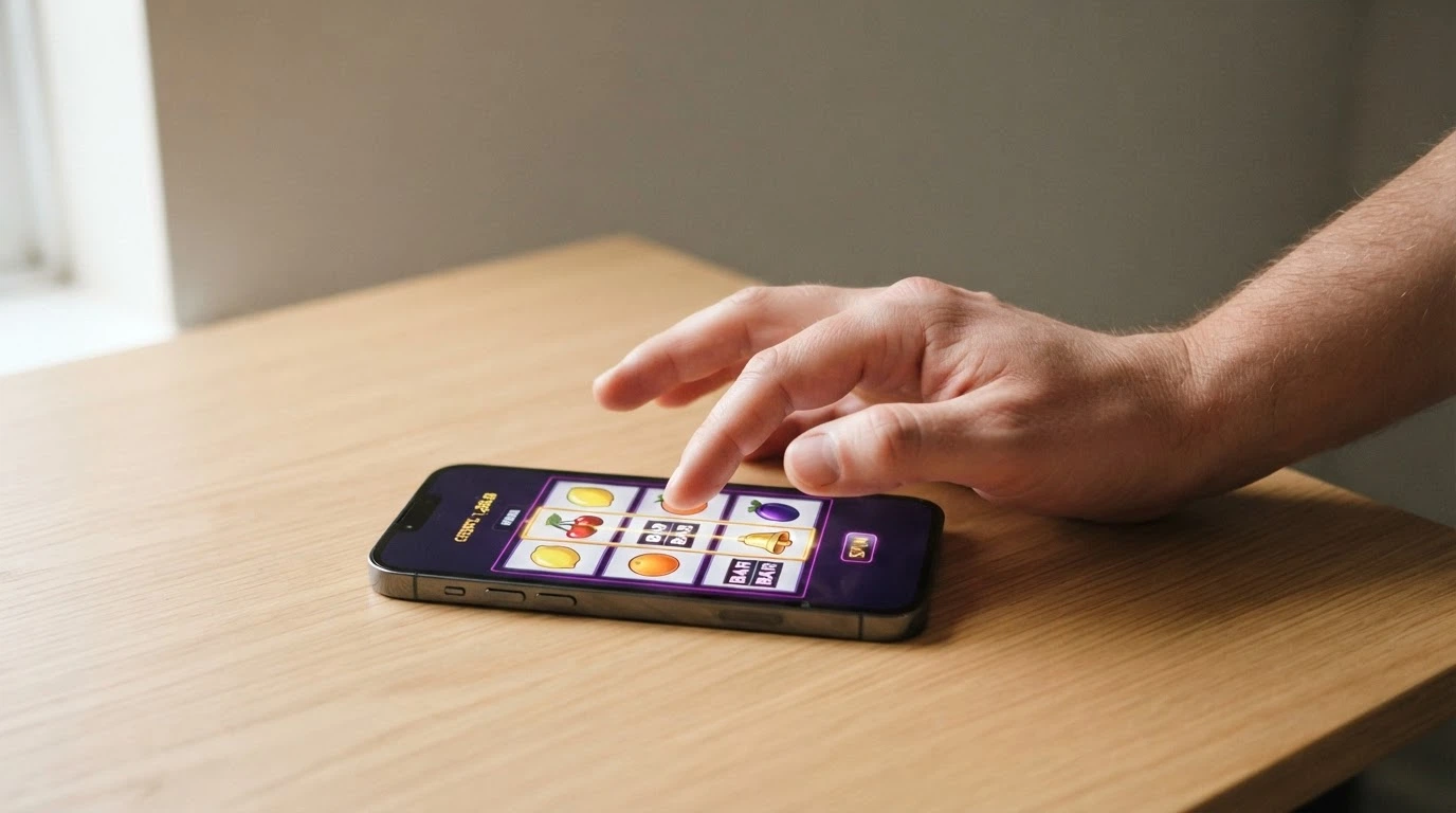 a player's hand hovering over a mobile screen showing a 3-reel pokie, with the pause suggesting a deliberate choice rather than an impulse