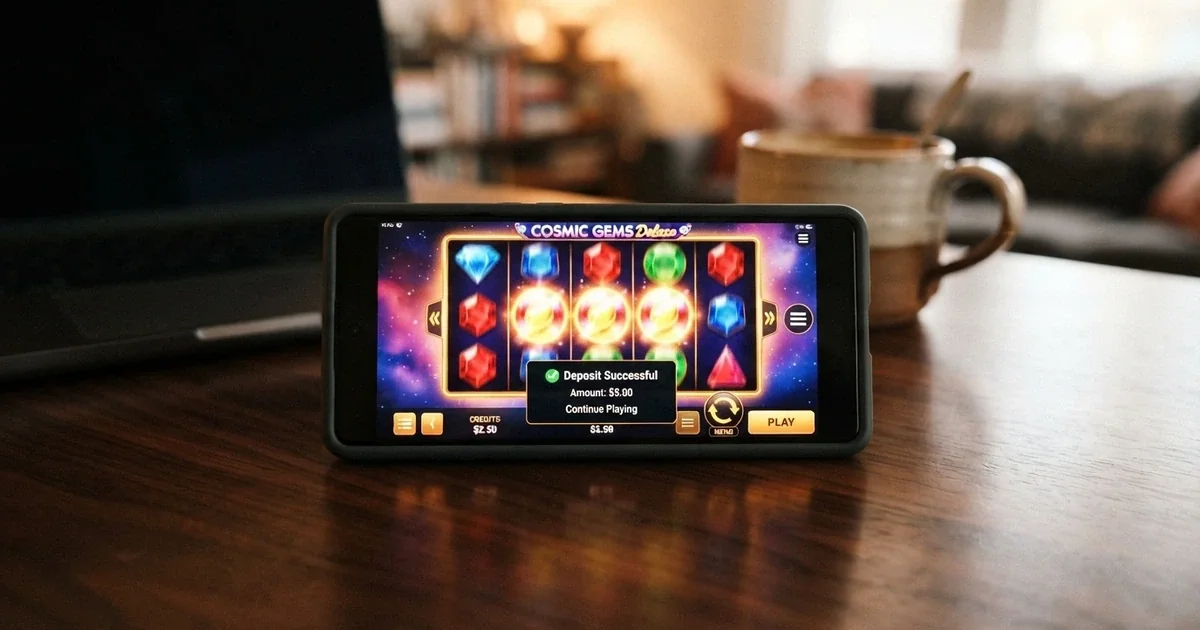 A smartphone screen showing an online pokies game with a $5 deposit confirmation and spinning reels in the background