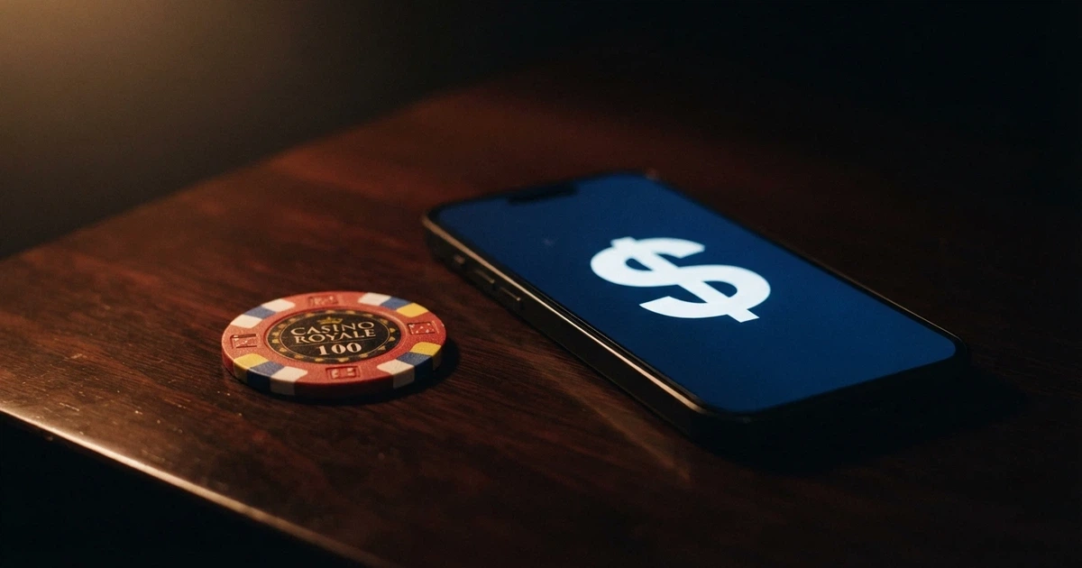 A $5 note and a smartphone showing a PayID casino deposit screen