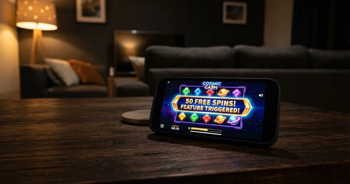 A smartphone screen showing a colourful online pokie reel with “Free Spins” text across the centre, set against a darkened Australian living-room background with a subtle southern-cross motif in the corner