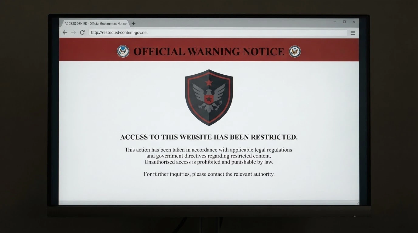A browser window showing an ACMA-branded blocking notice with text indicating an illegal gambling website has been restricted.