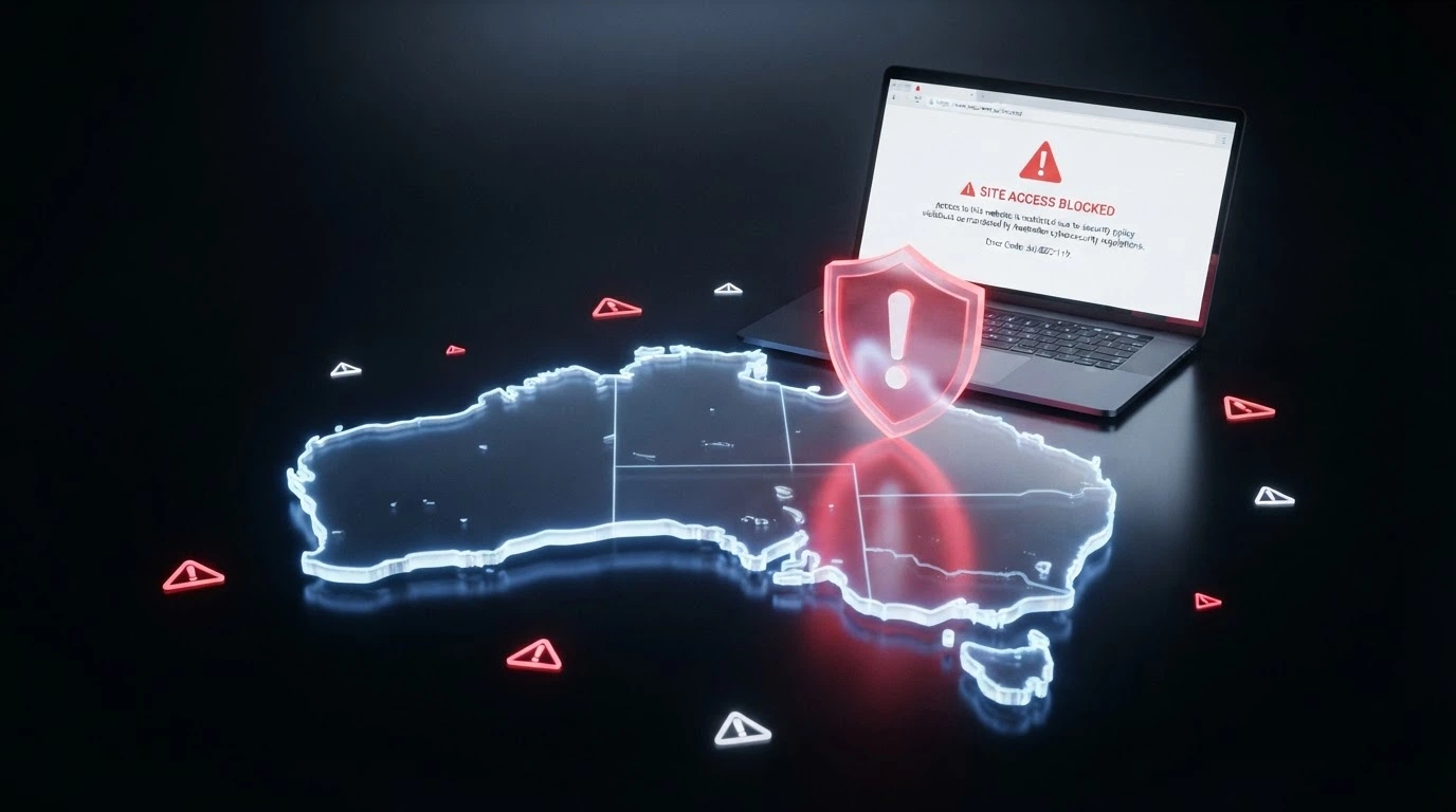 A stylised map of Australia with warning icons and a blocked-website notification on a screen, referencing the ACMA's enforcement role