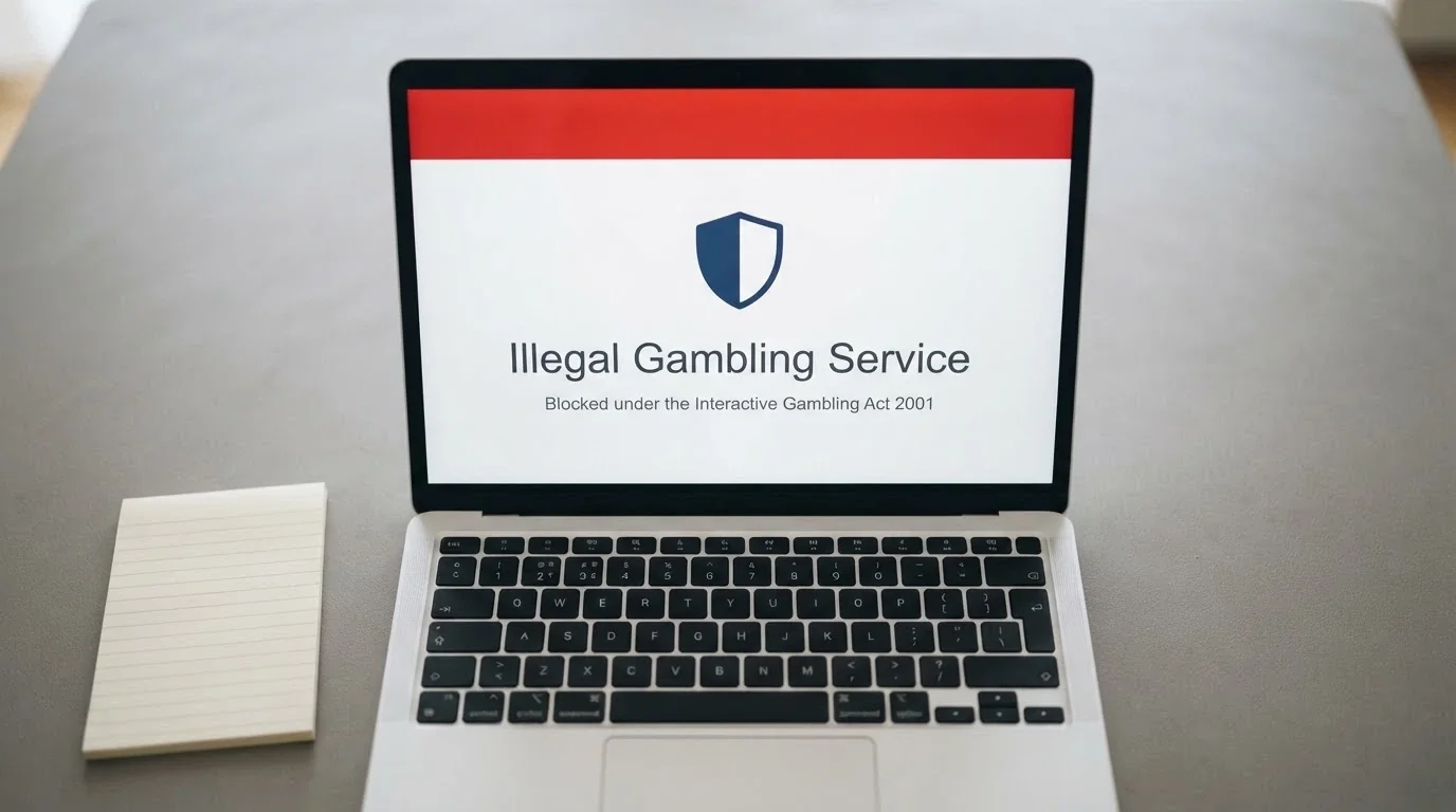 A browser window showing an ACMA blocking notice — a white page with the ACMA logo and text stating the site is an illegal gambling service blocked under the Interactive Gambling Act 2001