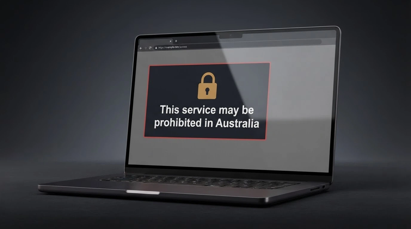 An ACMA-style warning screen with a padlock icon and the text “This service may be prohibited in Australia” on a browser window