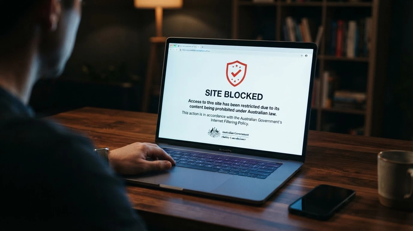 A computer screen showing a browser warning page with an ACMA logo and text indicating the site has been blocked