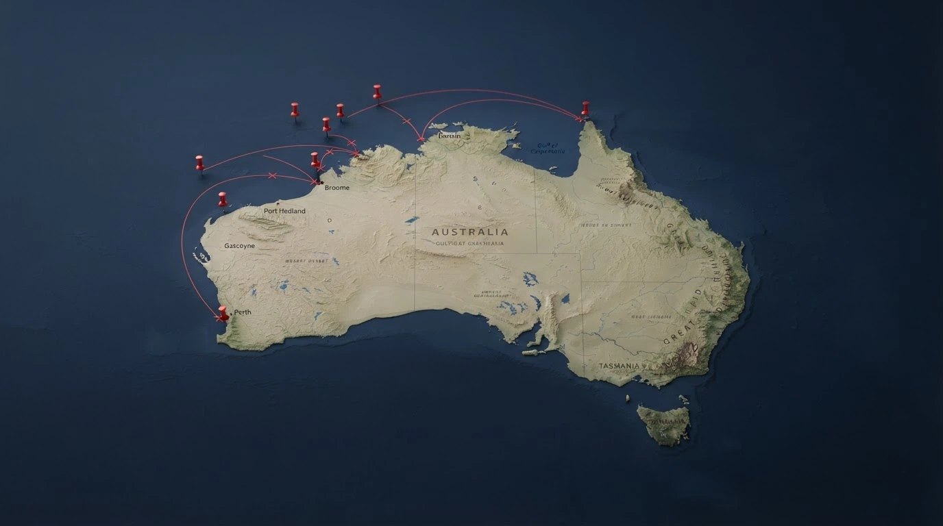 A map of Australia with offshore server locations marked and ACMA blocking arrows pointing away from the coastline