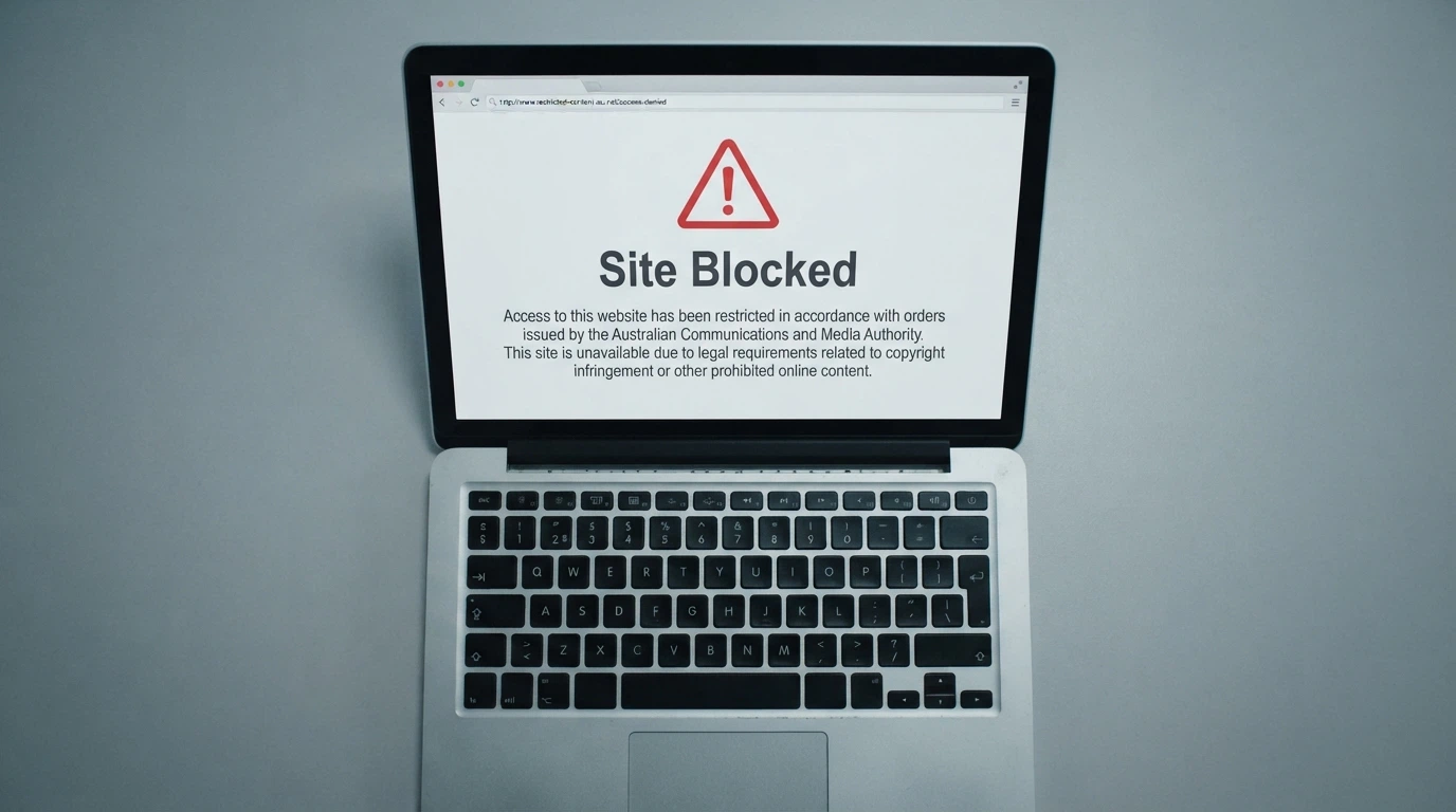 An official-looking browser notice stating a site has been blocked, with the ACMA logo visible