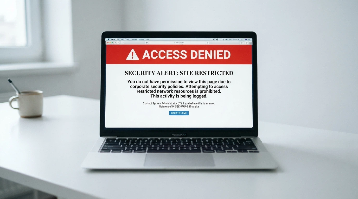 A laptop browser displaying an ACMA site-blocking notice with the official Commonwealth coat of arms visible