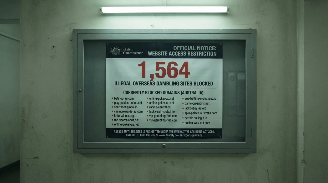 An official-looking warning or notice about blocked illegal gambling websites, with the 1,564-sites-blocked figure prominently displayed