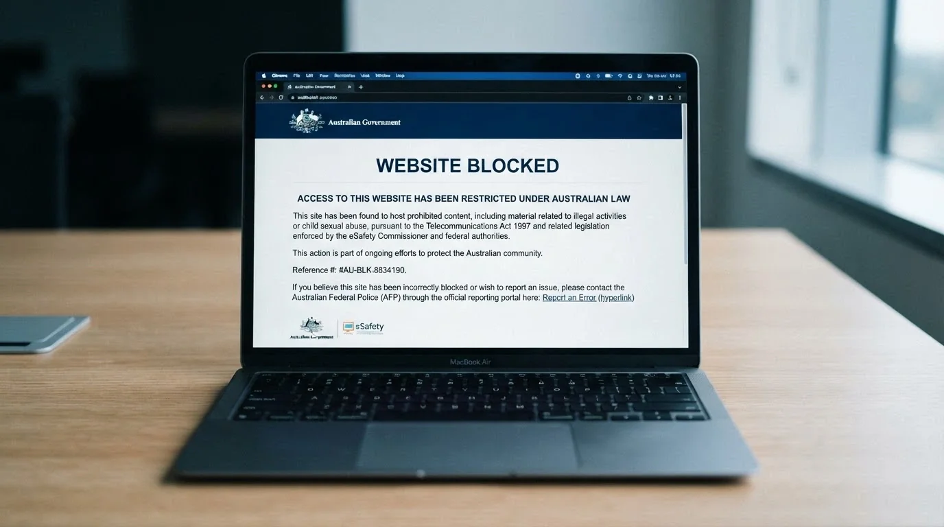 An ACMA website-blocking notice as it appears in an Australian browser with the authority logo and explanatory text