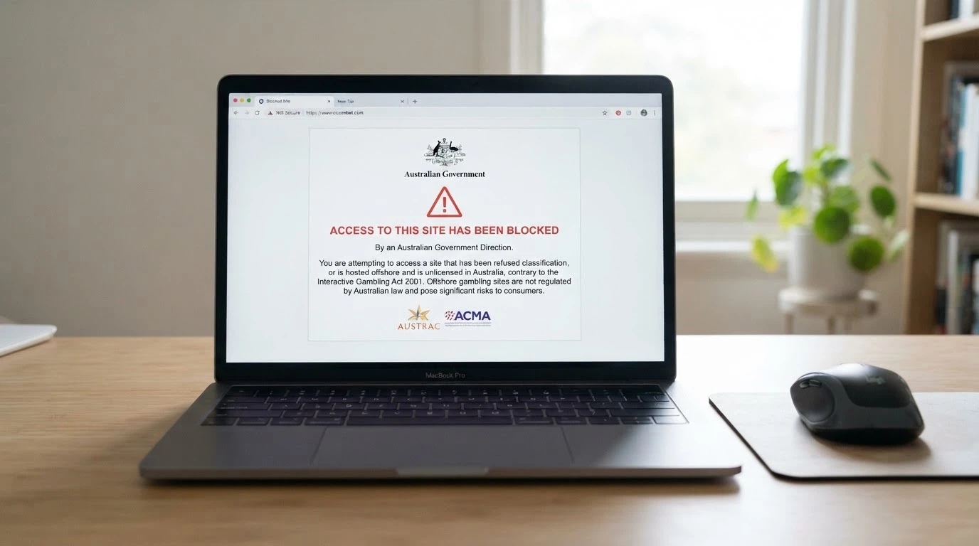 A browser window displaying an ACMA blocked-site notice on a computer screen