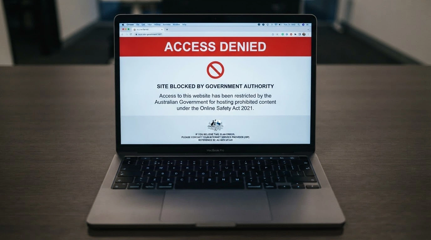 A browser window displaying an ACMA blocking notice over a casino website URL