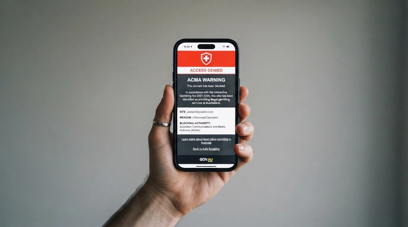 A smartphone screen displaying an ACMA website-blocked notice — an official warning that the site is inaccessible because it provides prohibited interactive gambling content
