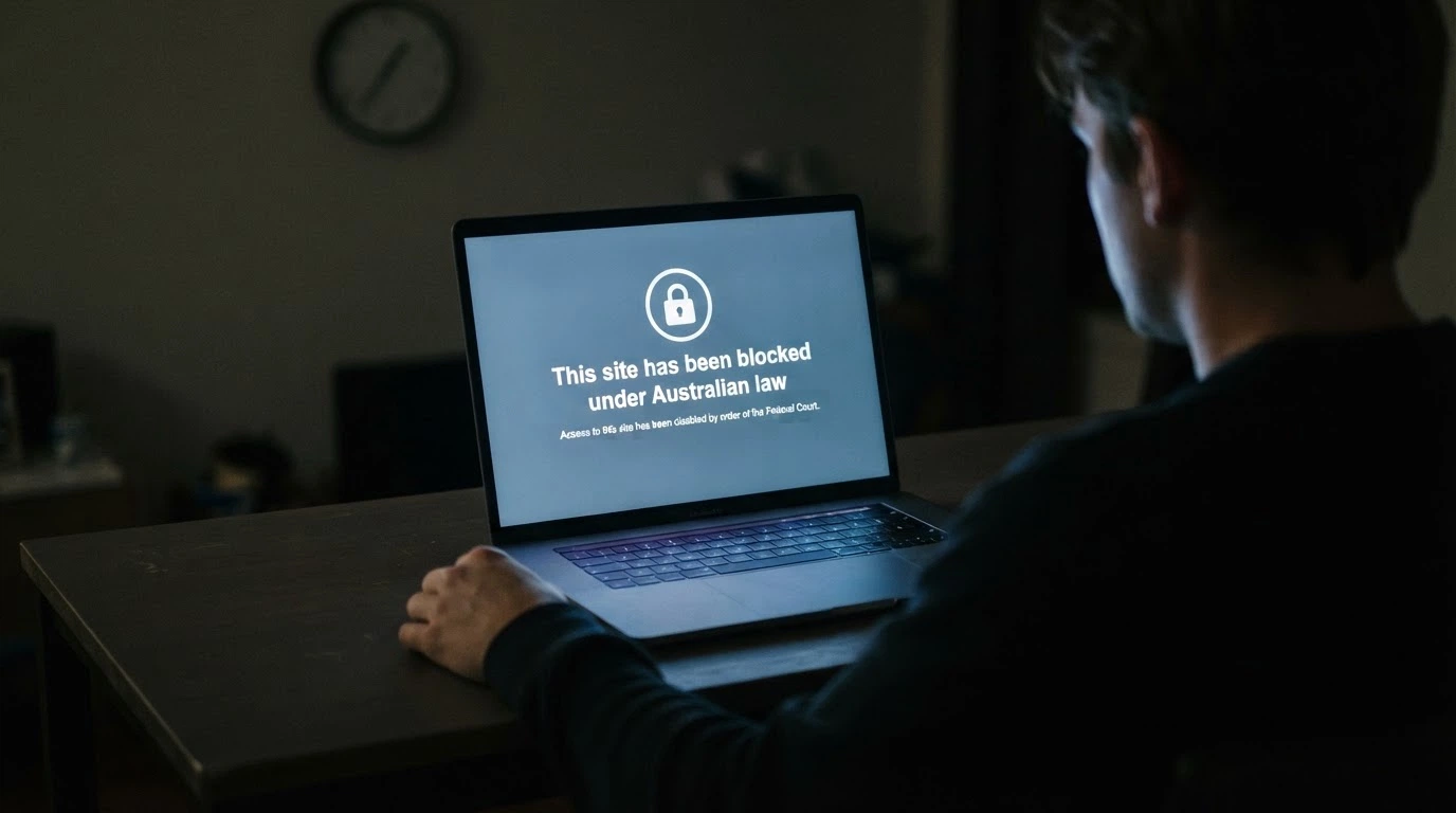 A browser window showing an ACMA website-blocking notice with a padlock icon and the text “This site has been blocked under Australian law”