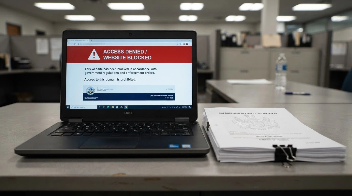 A laptop screen displaying an ACMA website-blocking notice — the familiar “This site has been blocked” page — with a stack of enforcement-report documents beside it
