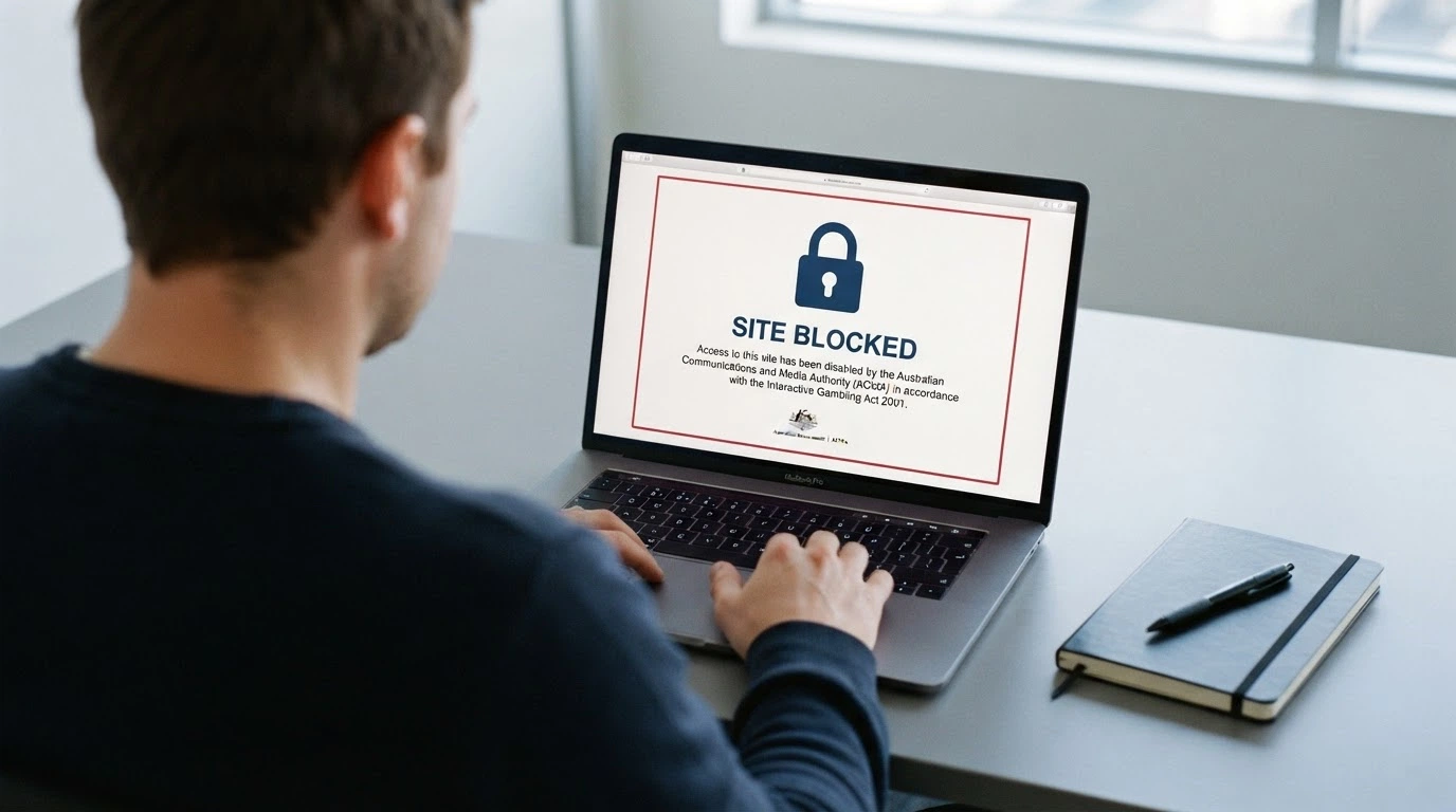 Computer screen displaying an ACMA website-blocking notice with the Interactive Gambling Act 2001 citation and a padlock icon