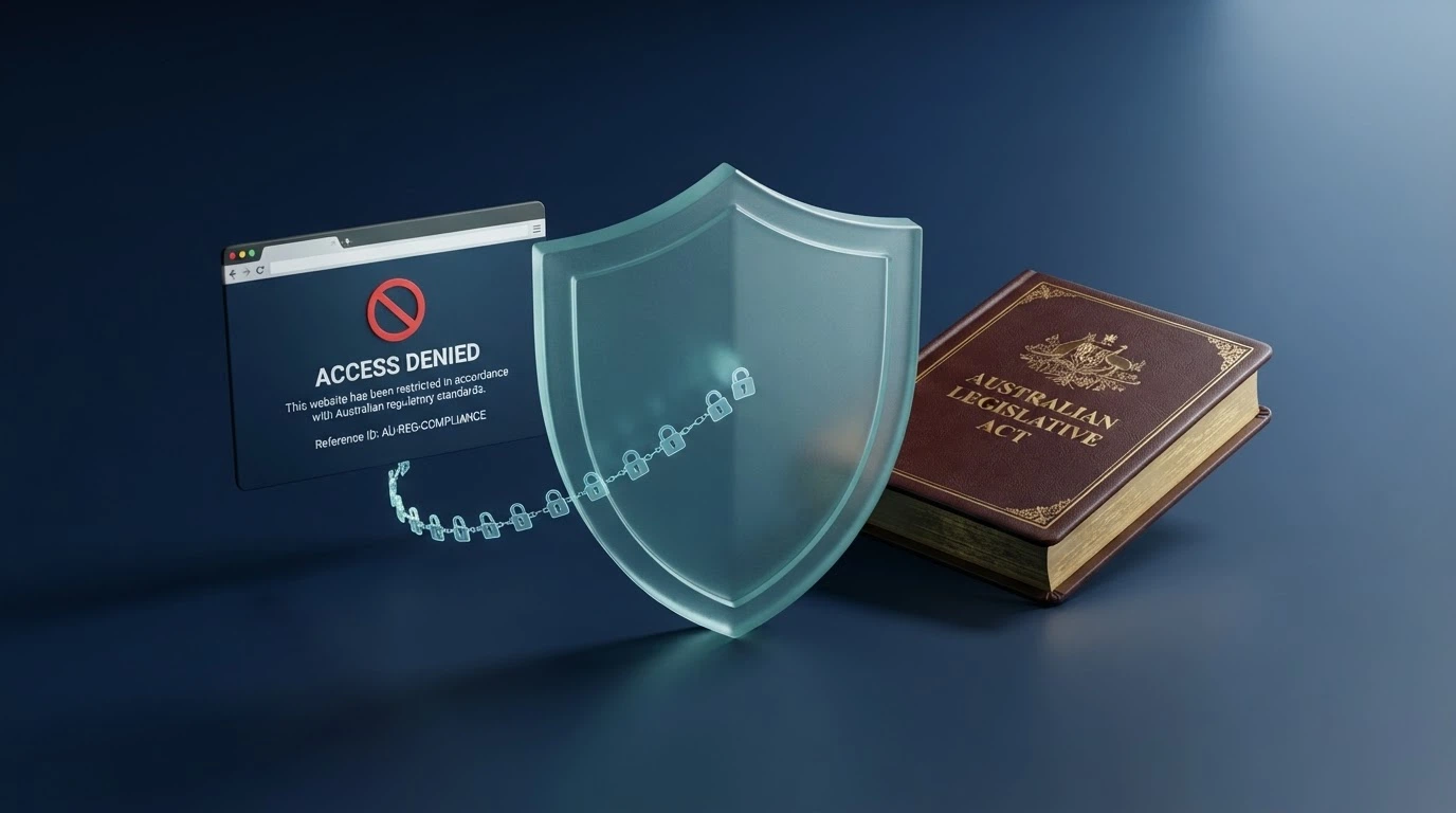 A representation of an ACMA website-blocking notice alongside the Interactive Gambling Act document