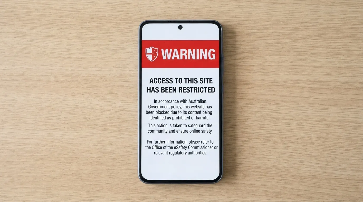 An iPhone screen displaying an ACMA blocking-notice page with visible text about illegal gambling content