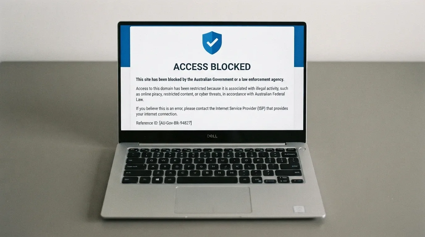 A stylised browser window showing an ACMA blocking notice — the official blue-and-white page an Australian ISP serves when a gambling site has been blocked — with the ACMA logo clearly visible