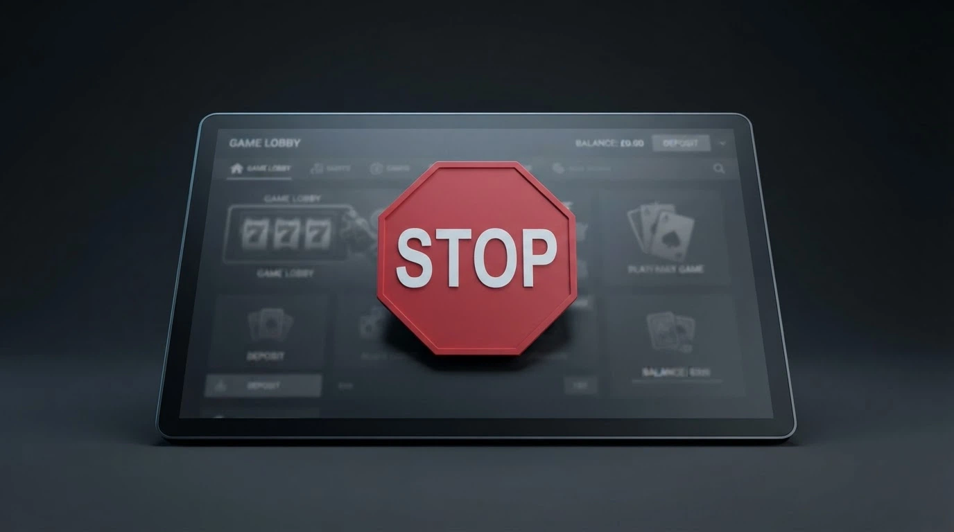 A stop-sign or restricted-access icon overlaid on a dimmed online gambling interface, conveying a blocked or inaccessible site