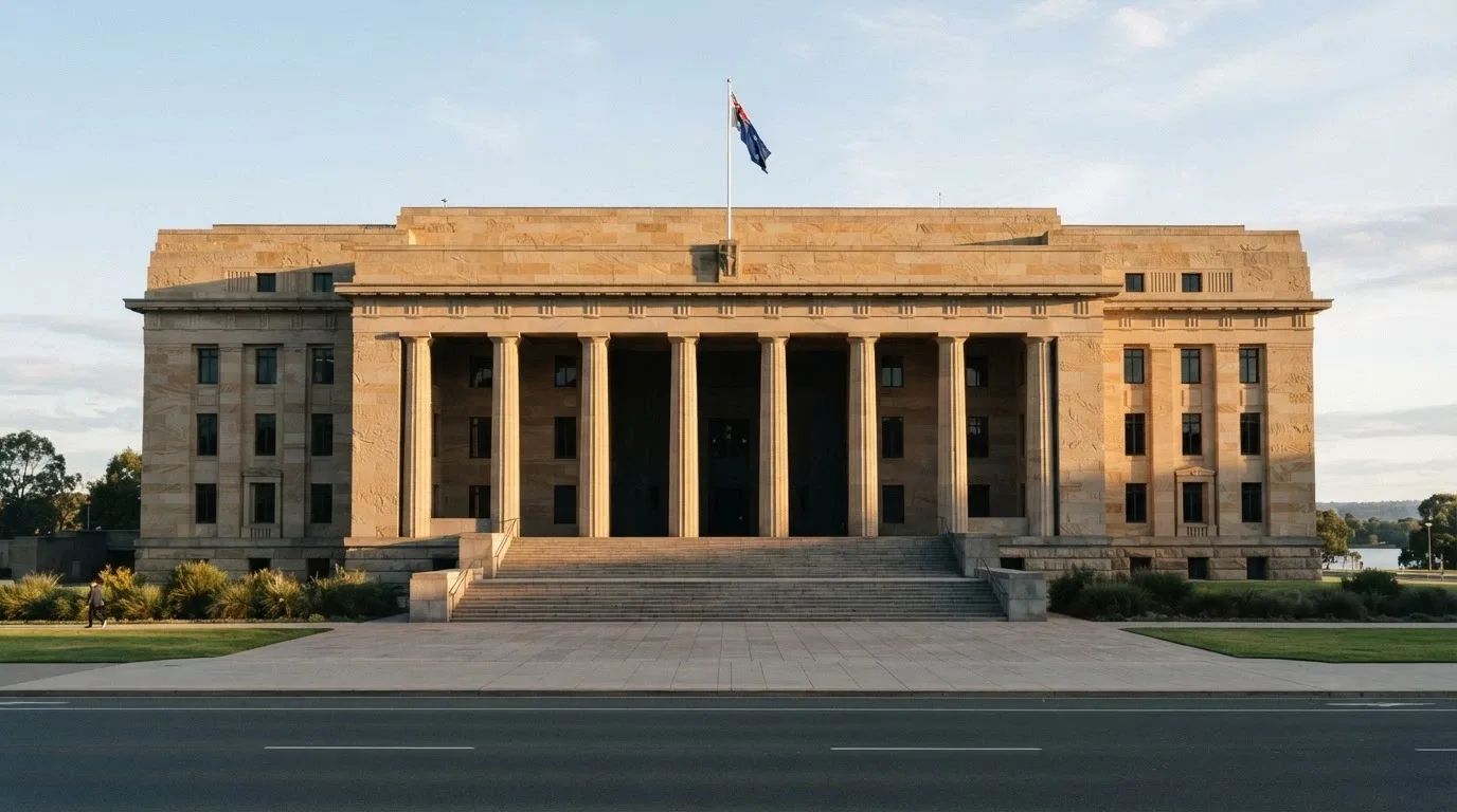A government-building facade with the ACMA logo and text referencing the Interactive Gambling Act 2001, rendered in a dark blue and white regulatory palette
