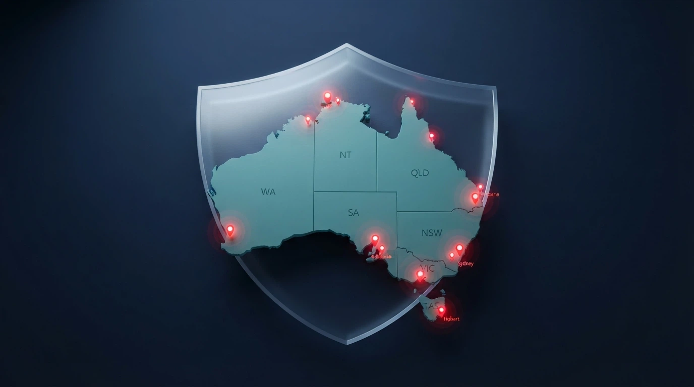 The ACMA logo beside a stylised map of Australia with blocked-site markers radiating outward, and the Interactive Gambling Act 2001 statute title visible