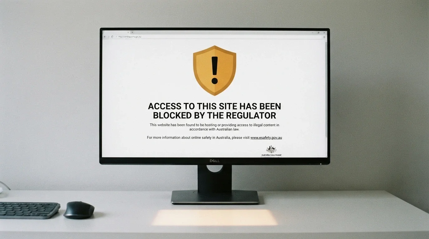 A browser window displaying an ACMA-branded site-blocking notice with the regulator's logo and a message that the website is inaccessible