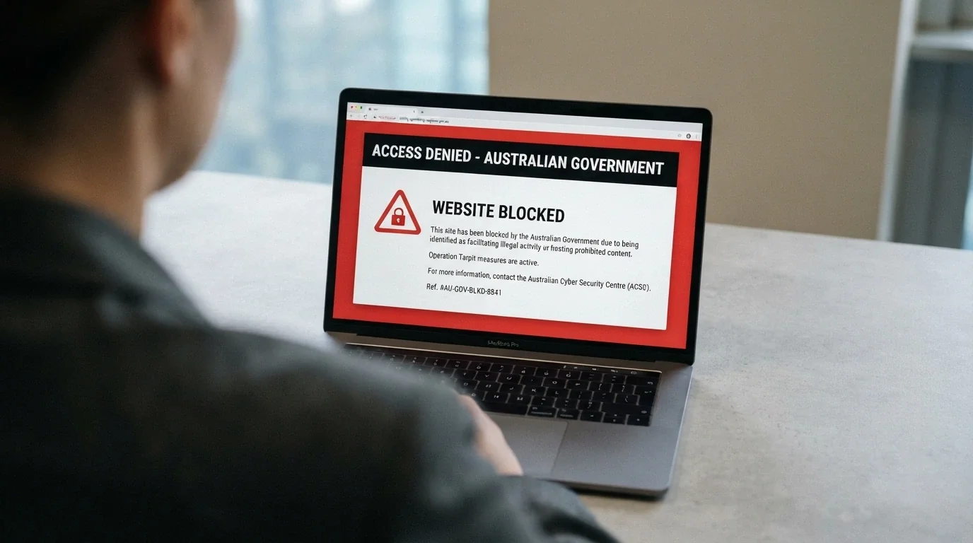 A browser window showing the ACMA website with a blocked-gambling-site notice, the ACMA logo and a padlock icon visible