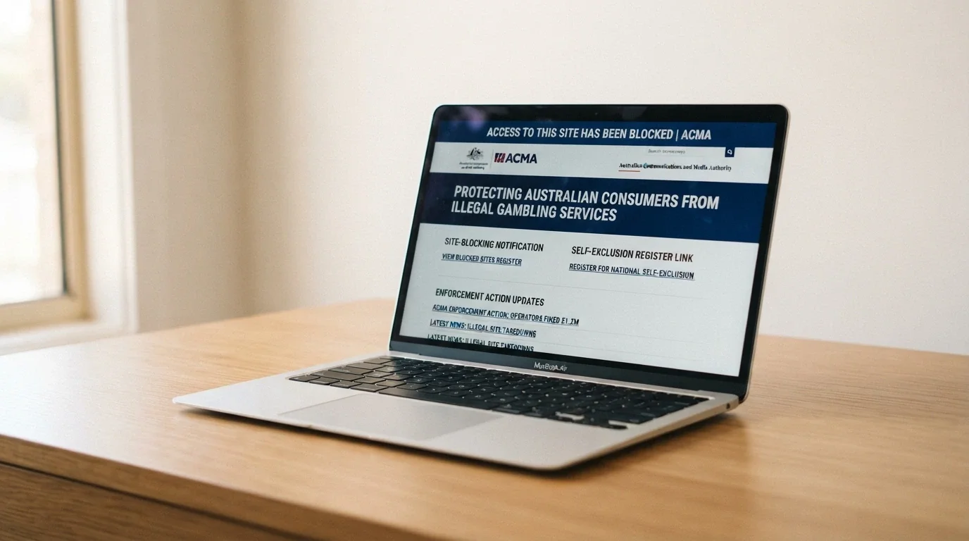 The ACMA website homepage on a laptop screen, with the illegal gambling site-blocking notification, the BetStop register link and enforcement action updates visible
