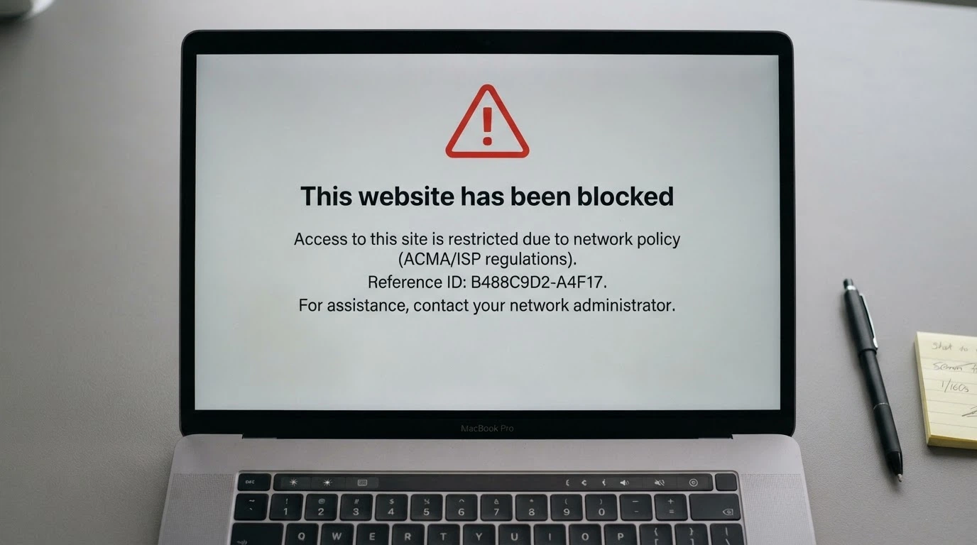 A browser window showing a blocked-website notice similar to the DNS-level block screen Australian ISPs display under ACMA direction