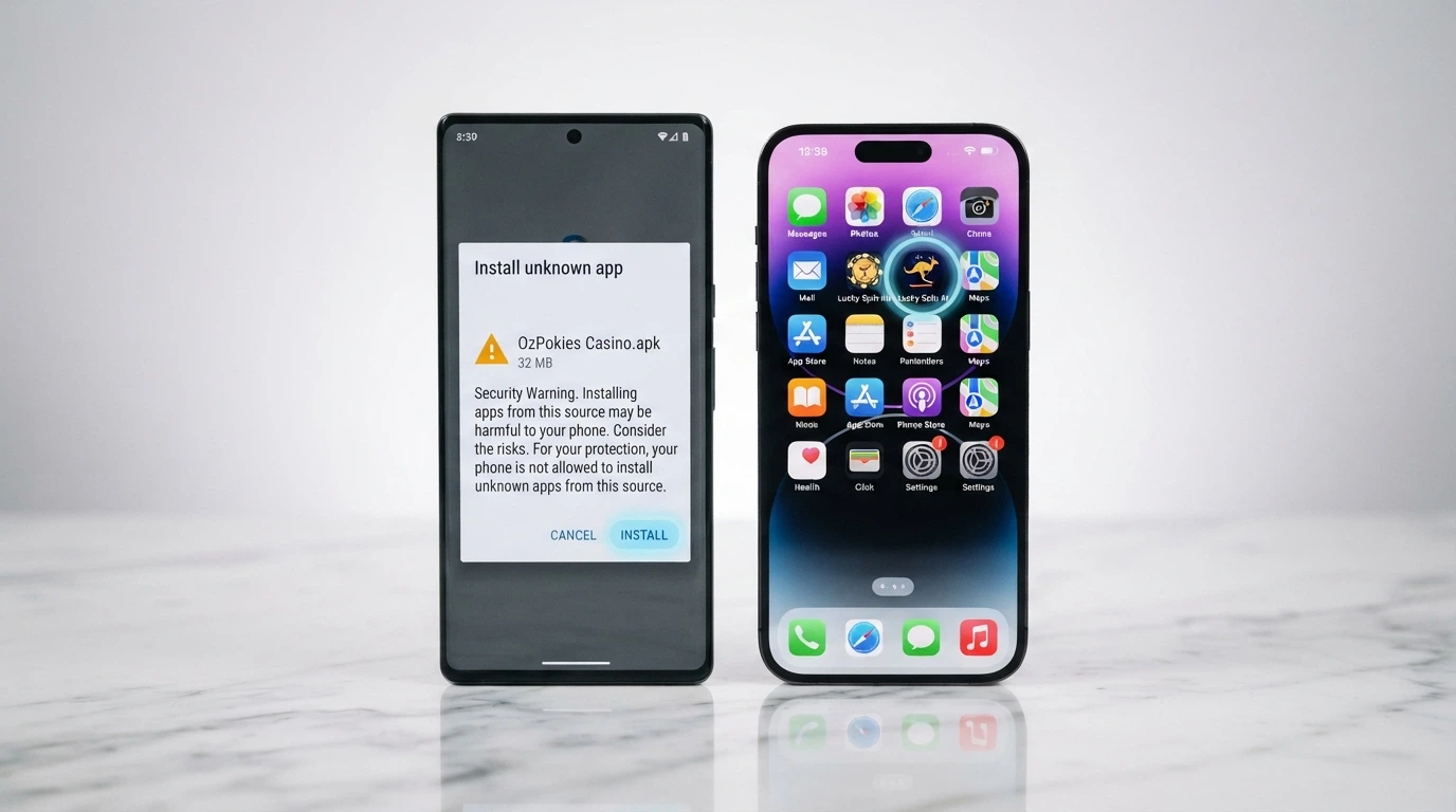 an Android download prompt beside an iPhone home-screen shortcut