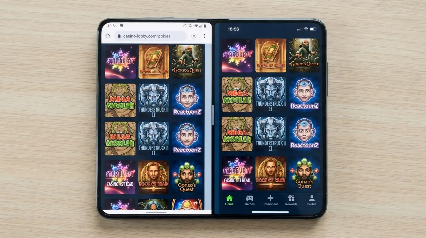 A side-by-side view: on the left, a casino loaded inside Chrome on an Android phone showing the same lobby as a native app icon on the right