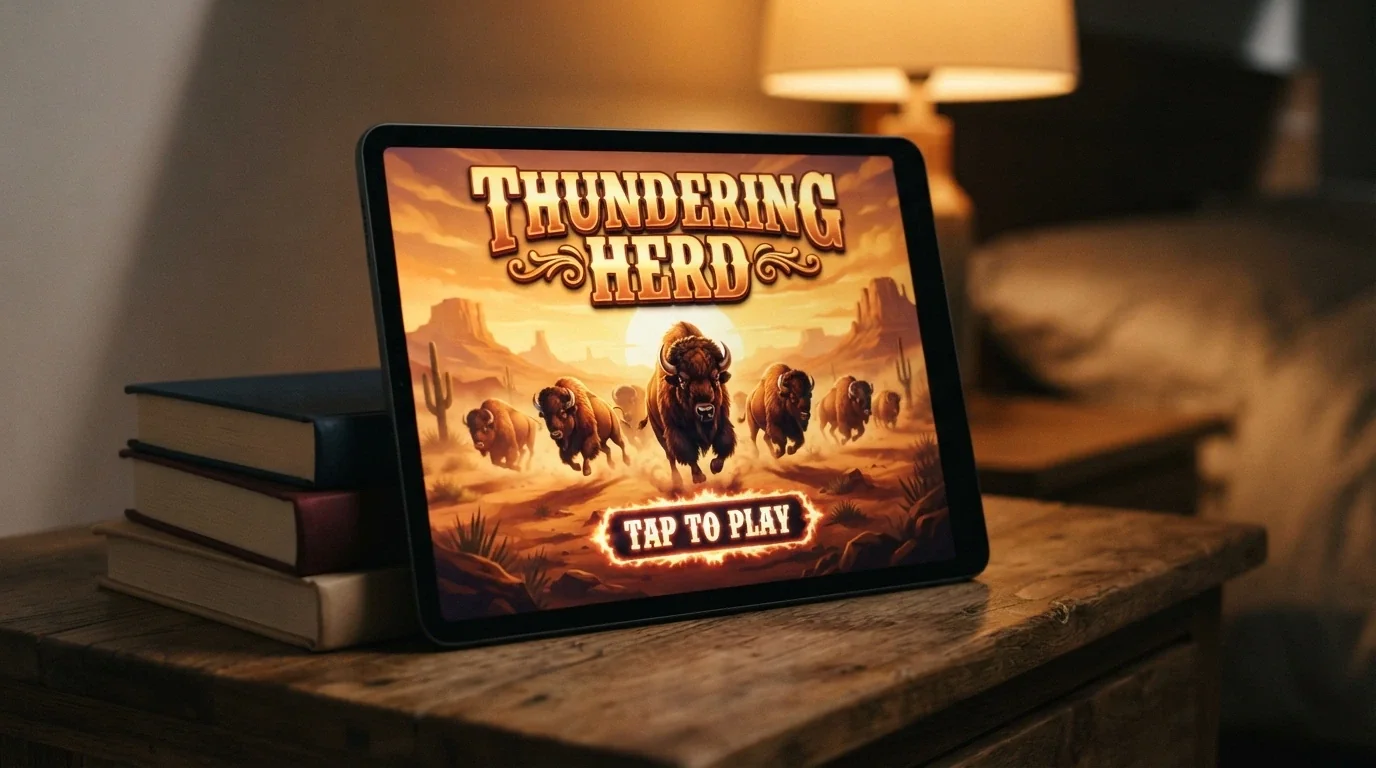 An iPad displaying the Buffalo pokie title screen with its iconic desert-and-buffalo artwork on screen