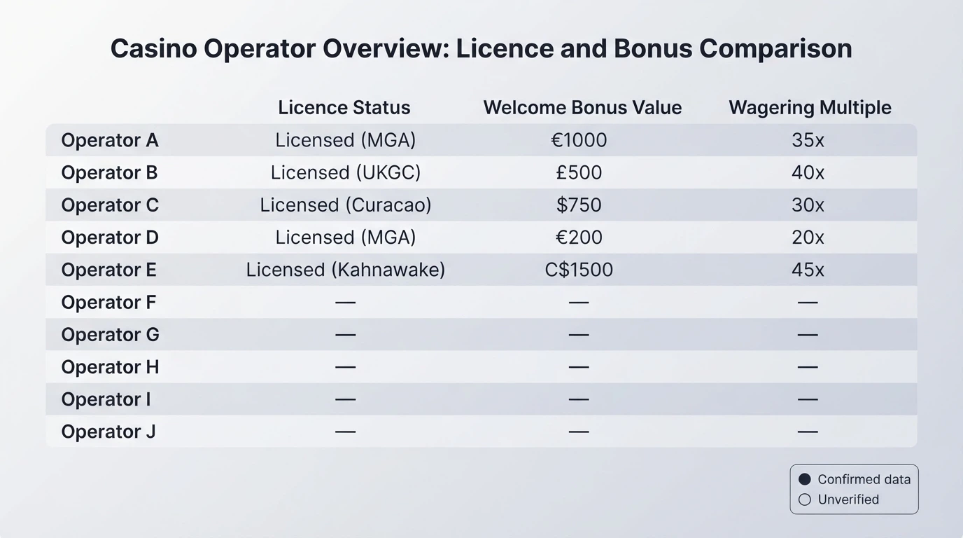 A comparison table of offshore casinos showing licence, bonus and wagering columns
