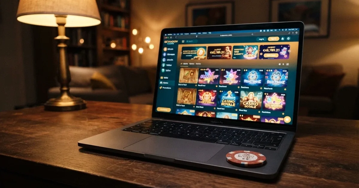 A laptop screen showing a crypto casino lobby with Bitcoin and Ethereum deposit options and an Australian-themed pokie game visible
