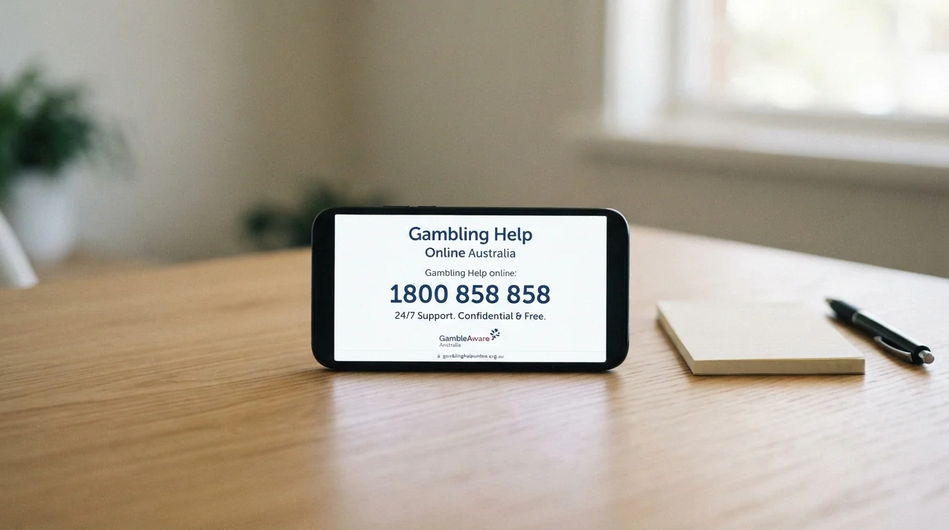 A phone screen showing the Gambling Help Online website and the 1800 858 858 helpline number prominently displayed