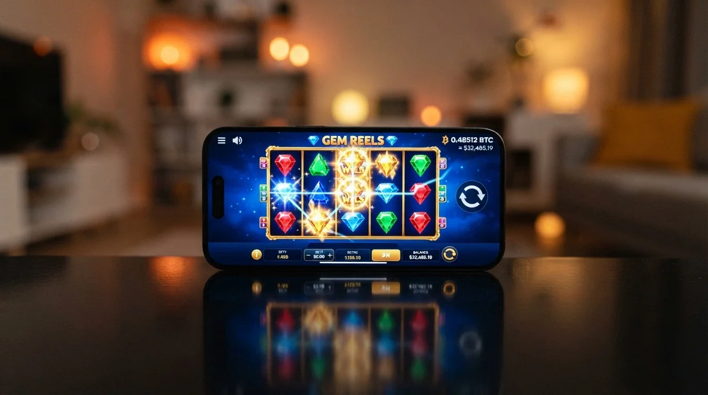 A smartphone displaying a colourful online pokie with a crypto balance visible in the corner of the screen