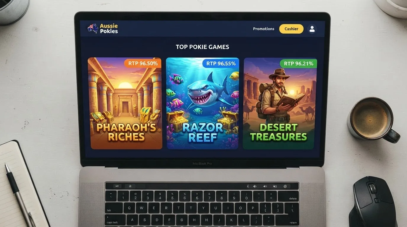 A grid of three pokie title cards — Gates of Olympus 1000, Razor Returns and Book of Dead — each showing its RTP percentage